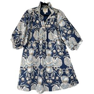 Navy Floral Puff-Sleeve Midi Dress